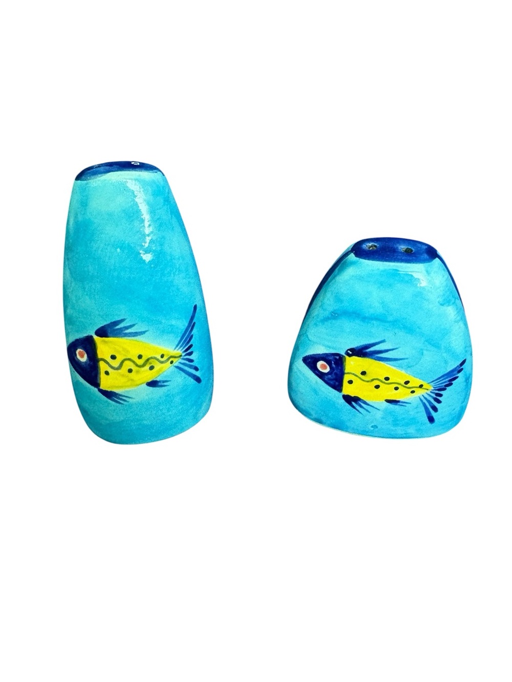 Ceramic Salt & Pepper Shaker Set with Coastal-Style Glaze and Yellow Fish Design